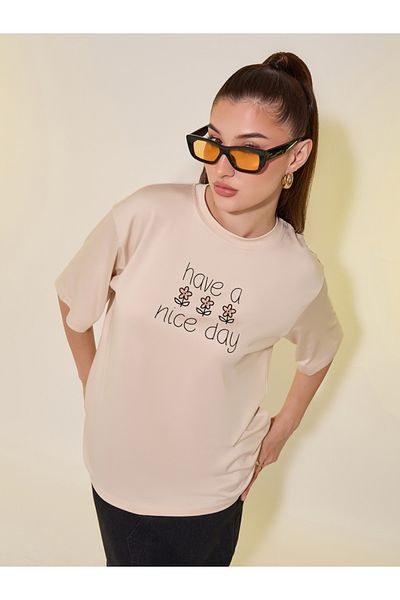 Styli Slogan Print Round Neck Oversized T-Shirt
