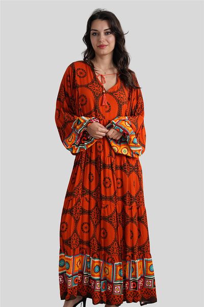 Miss Boheme Orange Floral Patterned Bohemian Dress