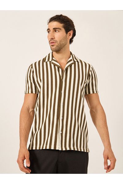 Fort Collins By Styli Men Brown Striped Short Sleeve Regular Fit Shirt