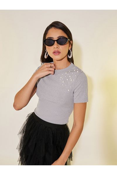 Styli Faux Pearl Detail Round Neck Regular Fit T-Shirt