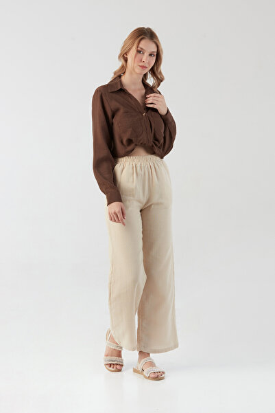 Fulla Moda Λινό παντελόνι με ελαστική μέση και τσέπη