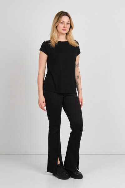 Sistas Women's Short Sleeve Shoulder Embellished Button Crew Neck Blouse 24157 Black