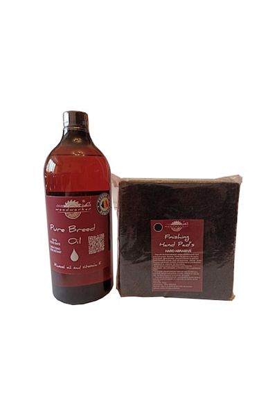 woodworker Kit intretinere mobilier lemn masiv, Prep’N Shine-Pure Breed Oil & Hand Pad’s Hard Abrasive negr
