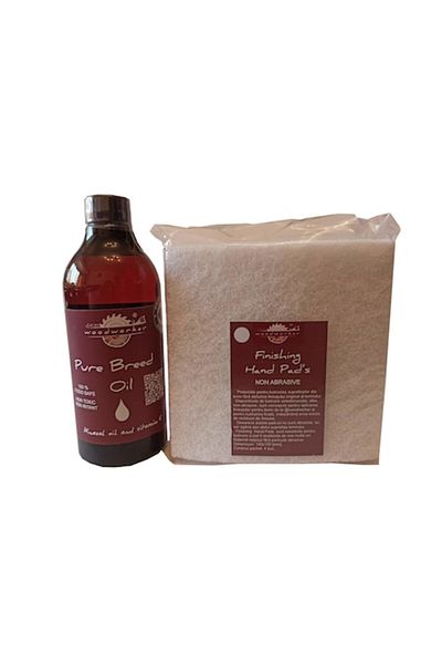 woodworker Kit intretinere mobilier lemn, Prep’N Shine-Pure Breed Oil & Hand Pad’s Non Abraziv alb, 500 ml