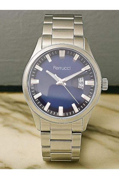 Ferrucci Brand Men's Wristwatch - Silver Case & Steel Band - Classic Model with Calendar - Bracelet Gift