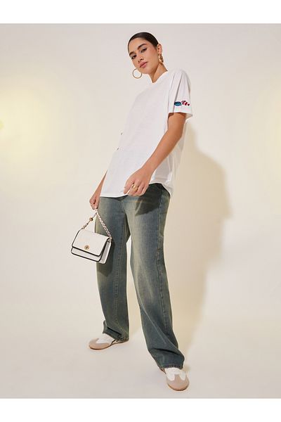 Styli Round Neck Sleeve Embroidered Detail T-shirt
