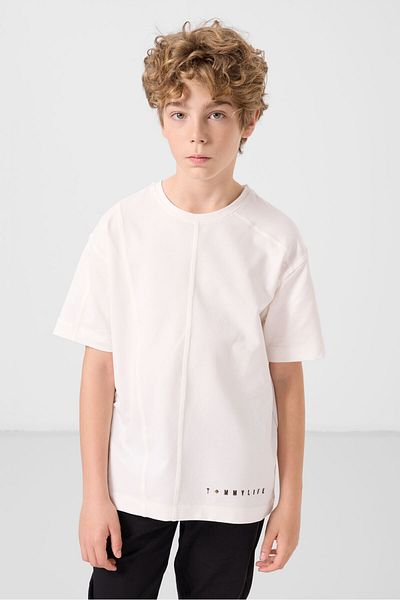 TOMMY LIFE Ecru Cotton Soft Textured Oversize Basic Boy's T-Shirt - 11297