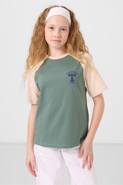 TOMMY LIFE Light Green O-Neck Cotton Printed Oversize Fit Girl's T-Shirt - 75179