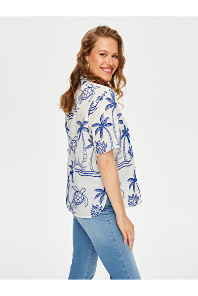 Faik Sönmez Tropik Brode Nakışlı Kısa Kol Pamuk Vual Gömlek Faik Sönmez