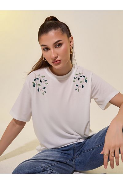 Styli Round Neck Embroidered Detail T-Shirt