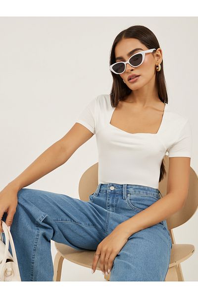 Styli Solid Square Neck Fitted Short Sleeve T-Shirt