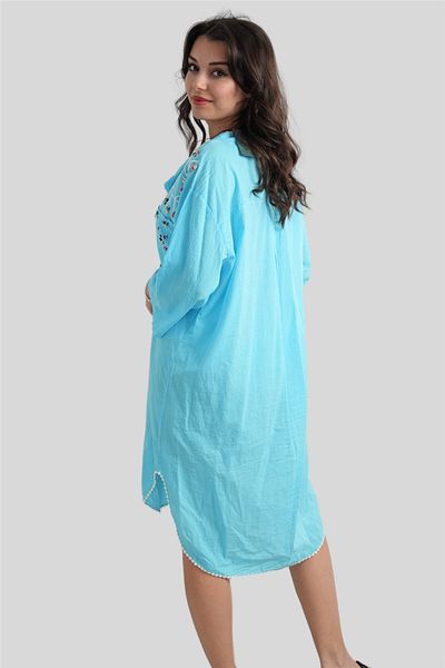 Miss Boheme Blue Embroidered Short Button Detailed Tunic Dress