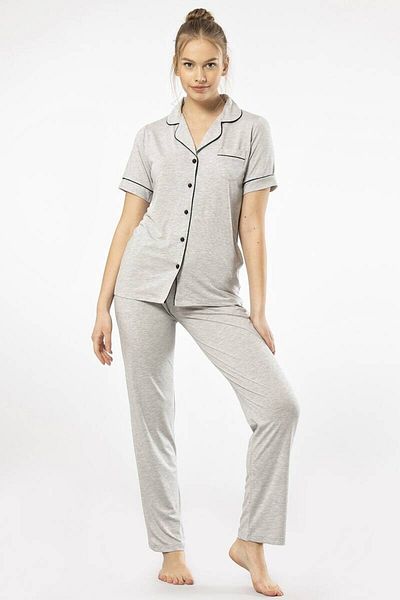 TÜREN Plain Short Sleeve Shirt Collar Pajama Set
