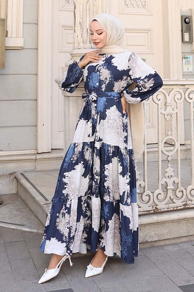 benguen Patterned Hijab Dress Navy Blue 508