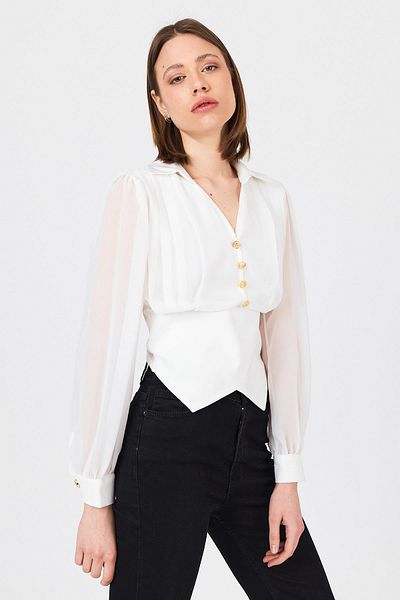 Rays White Pleated Shirt Collar Buttoned Blouse 9471