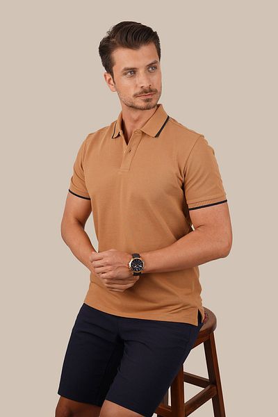 Etikmen Ανδρικό μπλουζάκι με ριγέ γιακά πόλο Tan Navy Blue