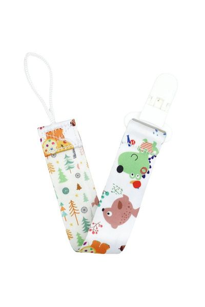 OEM Snur pentru suzeta sau jucarie cu clips, imprimeu alb cu animale