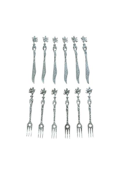 BM BELLİNİ MUTFAK 12 Pcs Vintage Italian Silver Plated Metal Figure Ornamental Cutlery Set