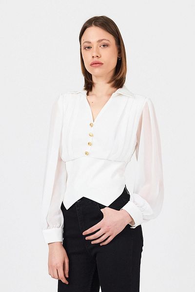 Rays White Pleated Shirt Collar Buttoned Blouse 9471