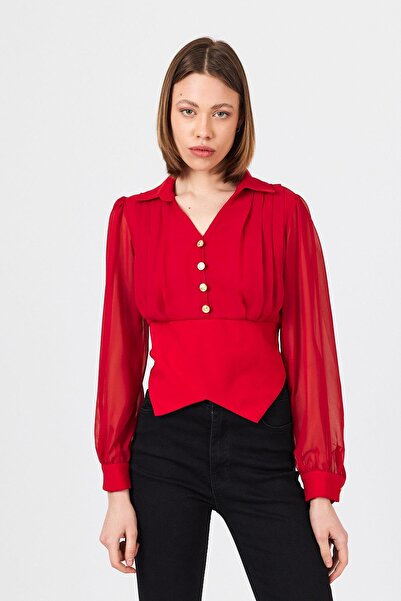 Rays Червона блузка з коміром на ґудзиках 9471