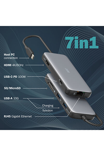 Digitus USB-C Docking Statio 3.2 Gen 2 bağlantı noktası (10 Gbit/s),7 Port