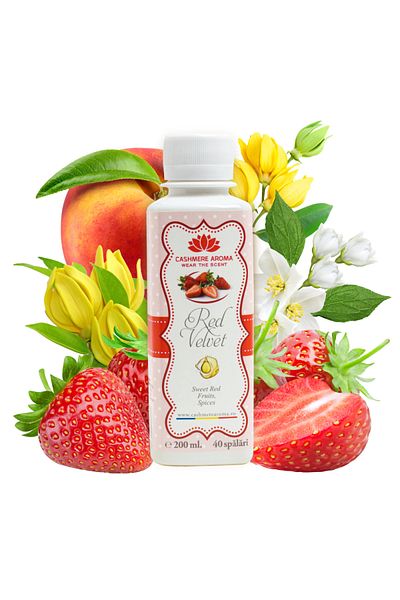 Cashmere Parfum de rufe Red Velvet cu arome de banană, căpșuni, fructe roșii, iasomie, pară, piersică 200 ml