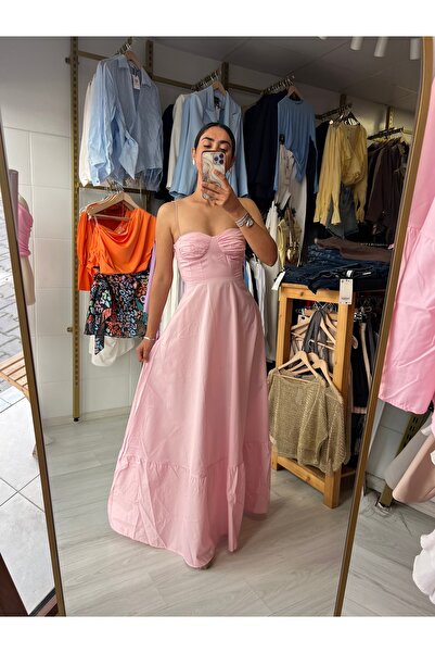 Butik Pembe etek fırfırlı göğüs büzgülü maxi elbise