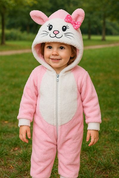 MiniStand Cute Cat Patterned Pink and White Hooded Plush Baby Jumpsuit
