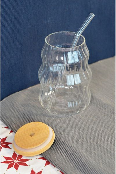 Bayev 450 ml Auger Bamboo Lid Glass Pinterest Cup with Straw - Borosilicate Coffee Presentation Cup 401304
