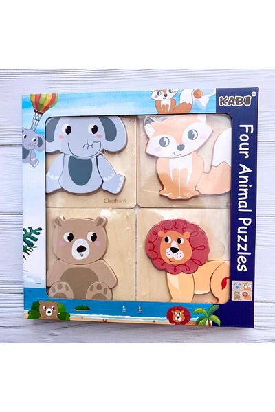 OEM Set of 4 3D wooden puzzles in relief, wild animals, 16 pieces