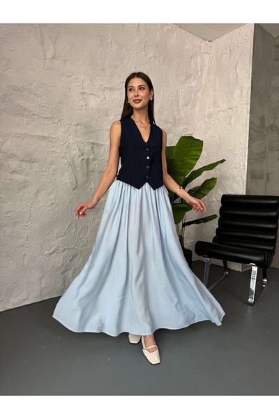 Elif Özbey Butik Fusta lungă albastră cu talie elastică