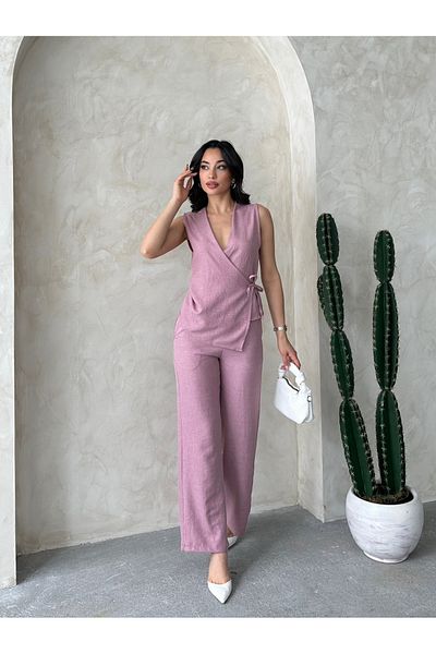 New Lune Women's Clothing Double Breasted Collar Tie Linen Vest Pants Suit, Double Suit