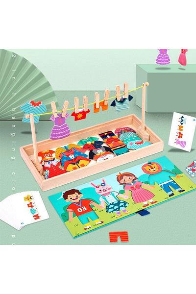 OEM Joc Puzzle Montessori din lemn, 2 in 1, imbraca familia si usuca hainele, 30 piese