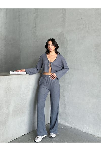 New Lune Women's Clothing Wrinkle Fabric Tie-Up Crop-Pants Set, Bottom Top Set, Two-Piece Set