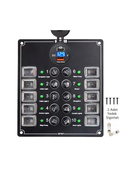 Somay Store Tekne Switch Panel 10 Anahtar Voltmetreli Usb-c Soketi Sigorta Kontrol Paneli 148x170mm