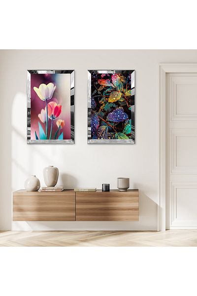 Zevahir Mobilya Dekorasyon SET DE MASA MDF DUBLA CU CADRU DE PLEXY CU OGLINDA SILVER FLORI MODERNE DE CULOARE DESCHISĂ