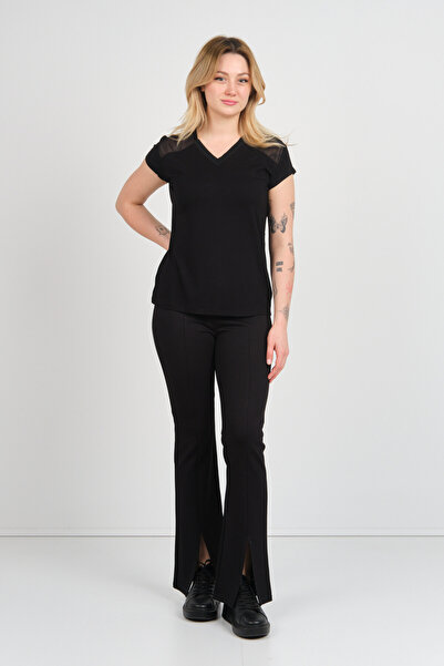 Sistas Women's V-Neck Shoulder and Back Tulle Detailed Short Sleeve Blouse 4148 Black