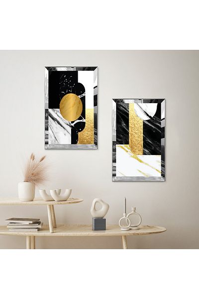 Zevahir Mobilya Dekorasyon SET DE MASA MDF DUBLA CU CADRU PLEXY CU OGLINDA SILVER, FOND ALB, MODELE AURII SI NEGRE