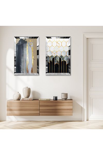 Zevahir Mobilya Dekorasyon SET DE MASA DECORATIVA BILATERALA MDF CU MODELE ABSTRACTE CULORI CU CADRU DE PLEXY CU OGLINDA DE ARGINT