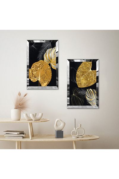 Zevahir Mobilya Dekorasyon SET DE MASA MDF DUAL FLOARE DE AUR MODERN CU CADRU DE PLEXY CU OGLINDA SILVER FOND NEGRU