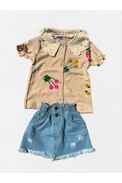Fil Kids Girl's Beige Shirt Denim Skirt Bottom Top Suit Floral and Lace Pattern Suitable for Eid