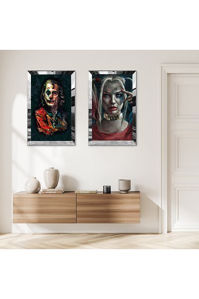 Zevahir Mobilya Dekorasyon SET DE TABLĂ MDF DUAL JOKER ȘI HARLEY QUIN CU CADRU DE PLEXY CU OZNĂ DE ARGINTI Fundal negru