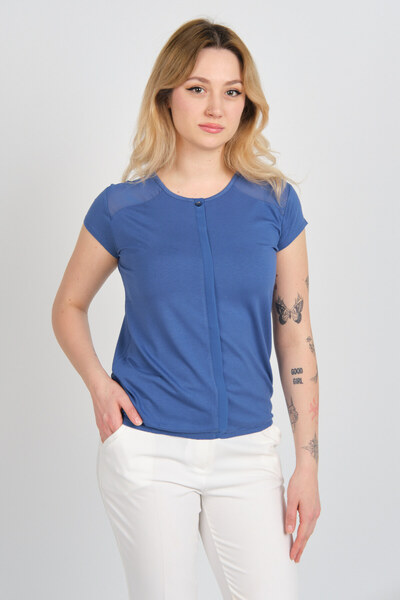 Sistas Kadın Sırt ve Omzu Tül Detaylı Beli Lastikli Bisiklet Yaka Bluz 23064 Indigo