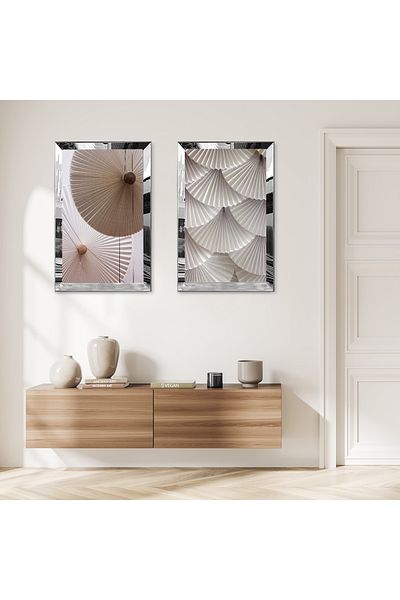Zevahir Mobilya Dekorasyon SET DE TABLĂ MDF DUAL ABSTRACT ÎN TONURI CREAM CU CADRU DE PLEXY CU OZNĂ DE ARGINTĂ FOND ALB