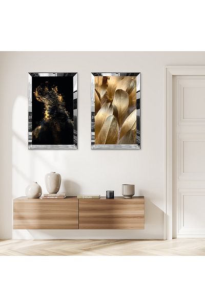 Zevahir Mobilya Dekorasyon SET DE MASA MDF DUAL CU CADRU DE PLEXY CU OGLINDA ARGINTIE FOND ALB NEGRU FORME MODERNE DE AUR