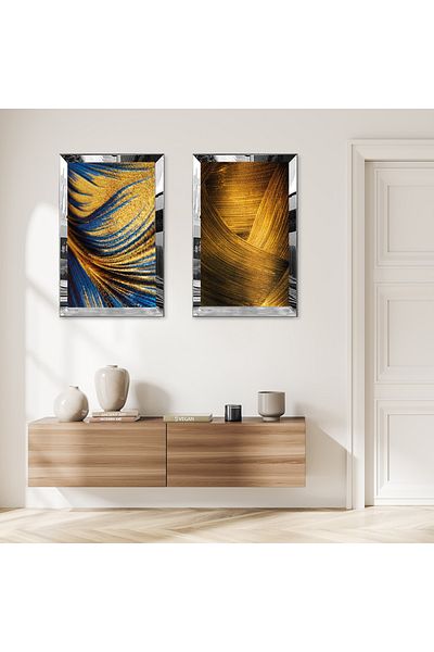 Zevahir Mobilya Dekorasyon SET DE MASA MDF DUAL CU CADRU DE PLEXY CU OGLINDA ARGINTIE, MODELE DE NISIP DE AUR ALBASTRU SI MODEL DE AUR ABSTRACT