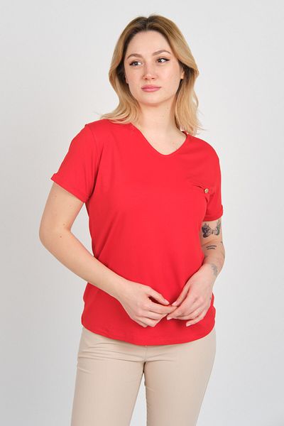 Sistas Women's Short Sleeve Ornamental Pocket Detailed Double Sleeve Blouse 4110 Red
