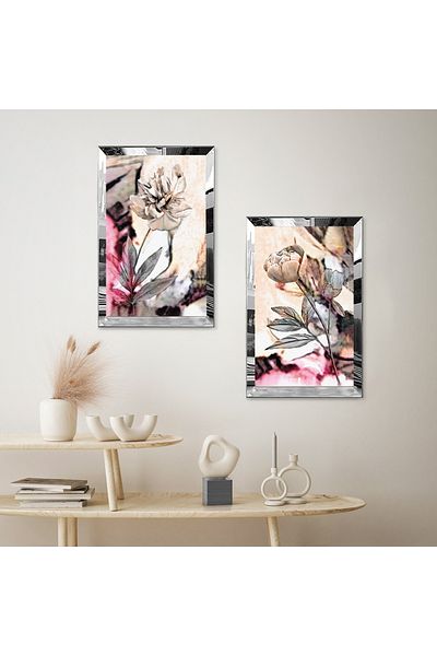 Zevahir Mobilya Dekorasyon SET DE MASA MDF DUAL FLORAL TONURI GALBEN SI GRI CU CADRU DE PLEXY CU Oglinda SILVER