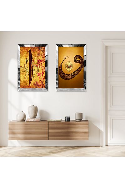 Zevahir Mobilya Dekorasyon SET DE MASA DECORATIVĂ BILATERALĂ MDF CU CADRU DE PLEXY CU OZNOR SILVER FOND PORTOCALIU SCRIBIURI ARABICE