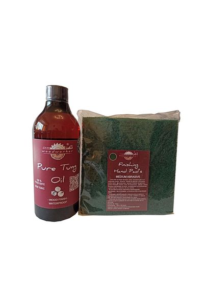 woodworker Kit intretinere mobilier lemn, Prep’N Shine-Pure Tung Oil & Hand Pad’s Medium Abrasive verde, 500 ml